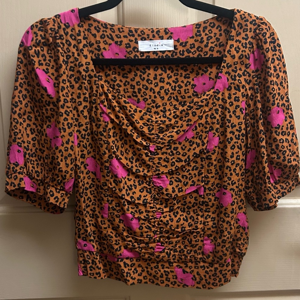 Elodie Leopard Print Cropped Blouse with Hot Pink Highlights